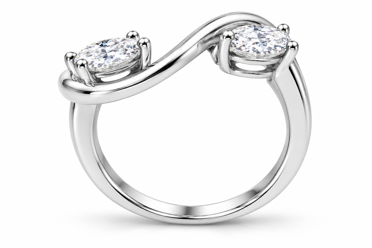 Two Oval-Cut Synthetic Diamond Crossover Ring in Sterling Silver
