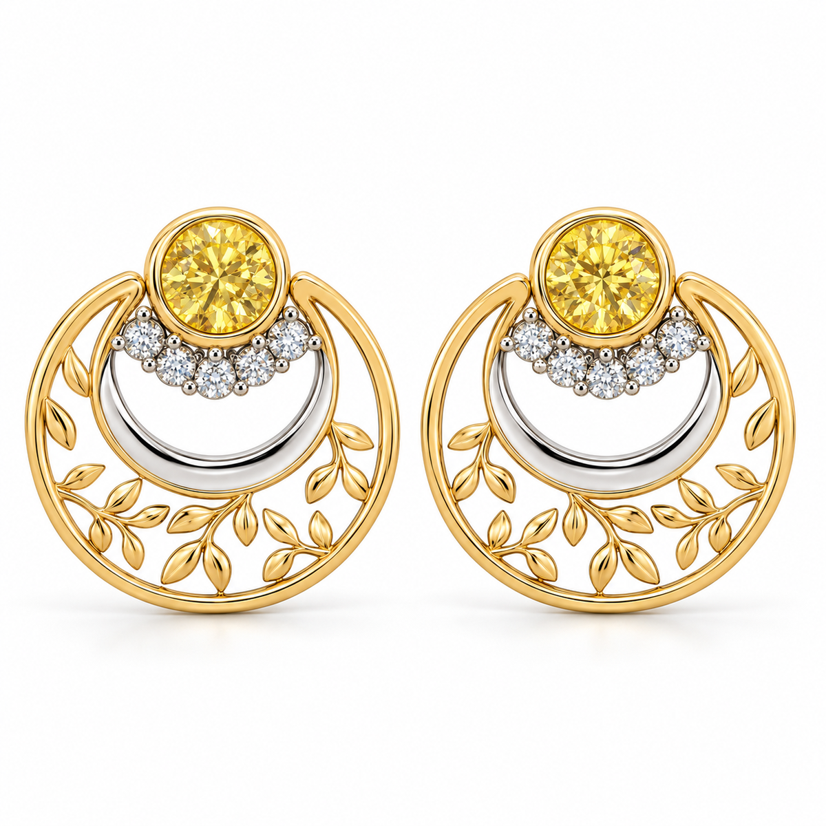 Yellow and White Diamond Botanical Circle Earrings