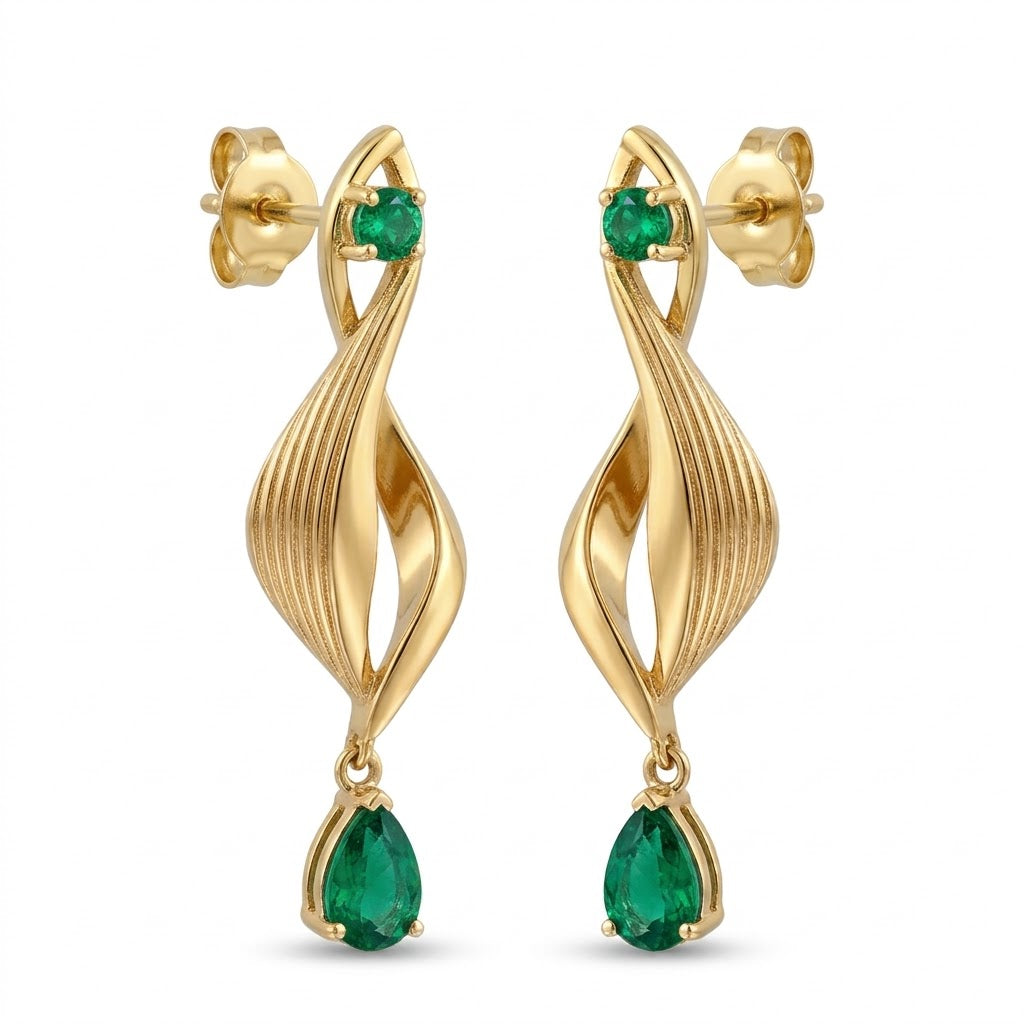 18K Rose Gold & Emerald Spiral Dangle Earrings