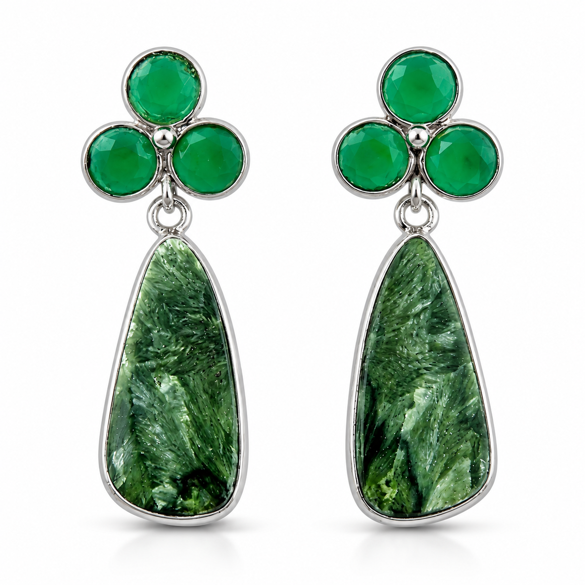 Monisha Gems – Sterling Silver Green Gemstone Clover & Teardrop Earrings