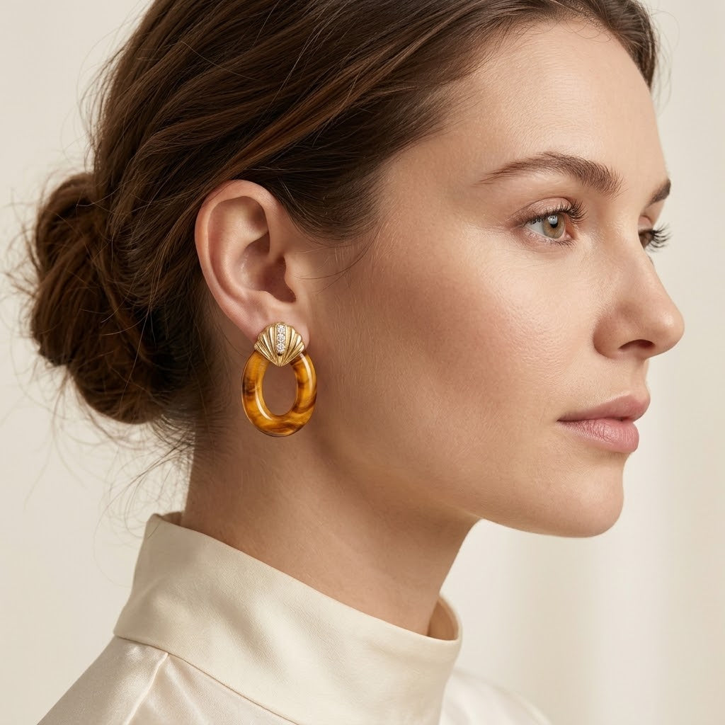 18K Yellow Gold Plating & Tiger’s Eye Fan Stud Earrings with Graduated lab Grown Diamond Accents