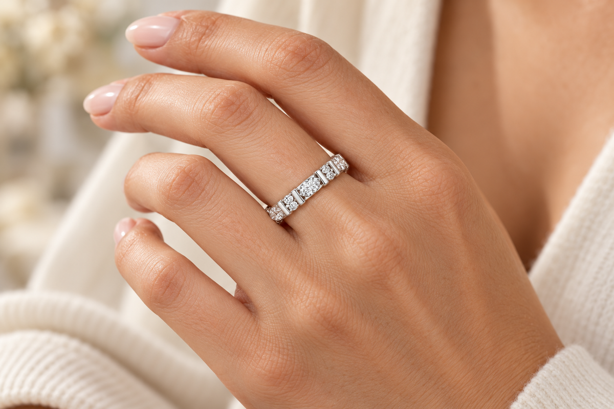 Marquise and Round Synthetic Diamond Full-Eternity Ring in Sterling Silver