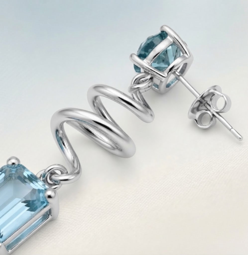 Sterling Silver Teal Lab-Grown Diamond & Aquamarine Ribbon Drop Earrings