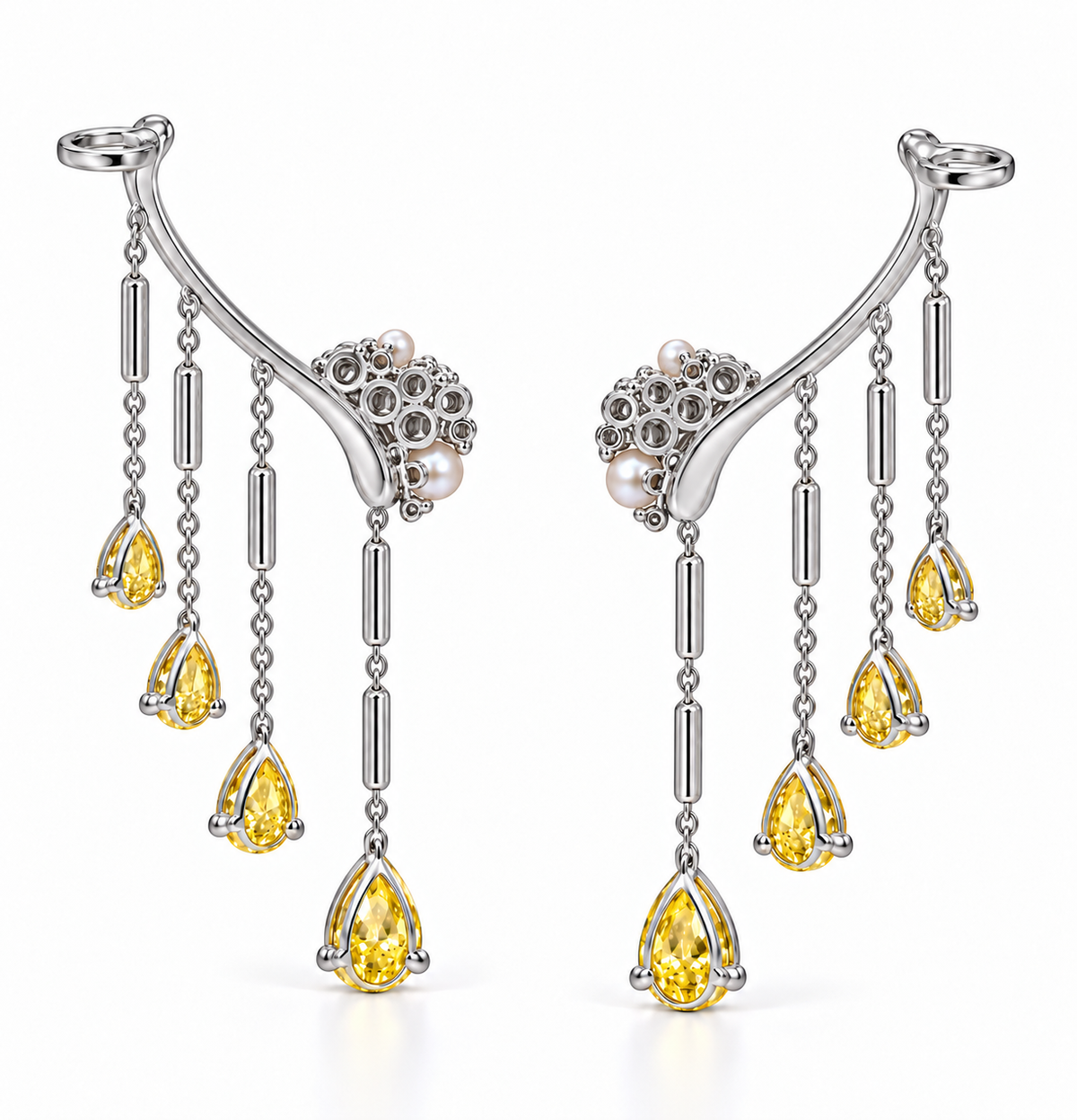 Yellow Diamond, White Diamond & Pearl Silver Ear Climber Earrings