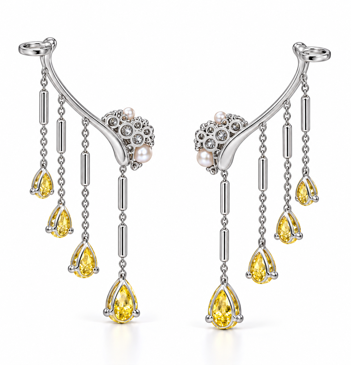 Yellow Diamond, White Diamond & Pearl Silver Ear Climber Earrings