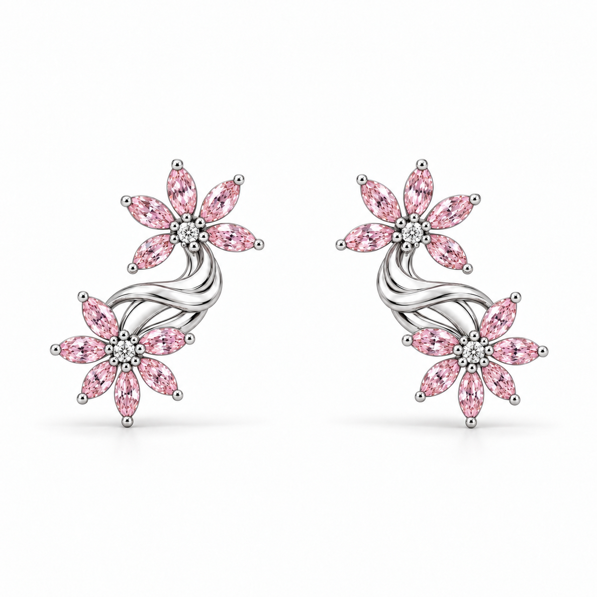 Pink Marquise Diamond Floral Climber Earrings