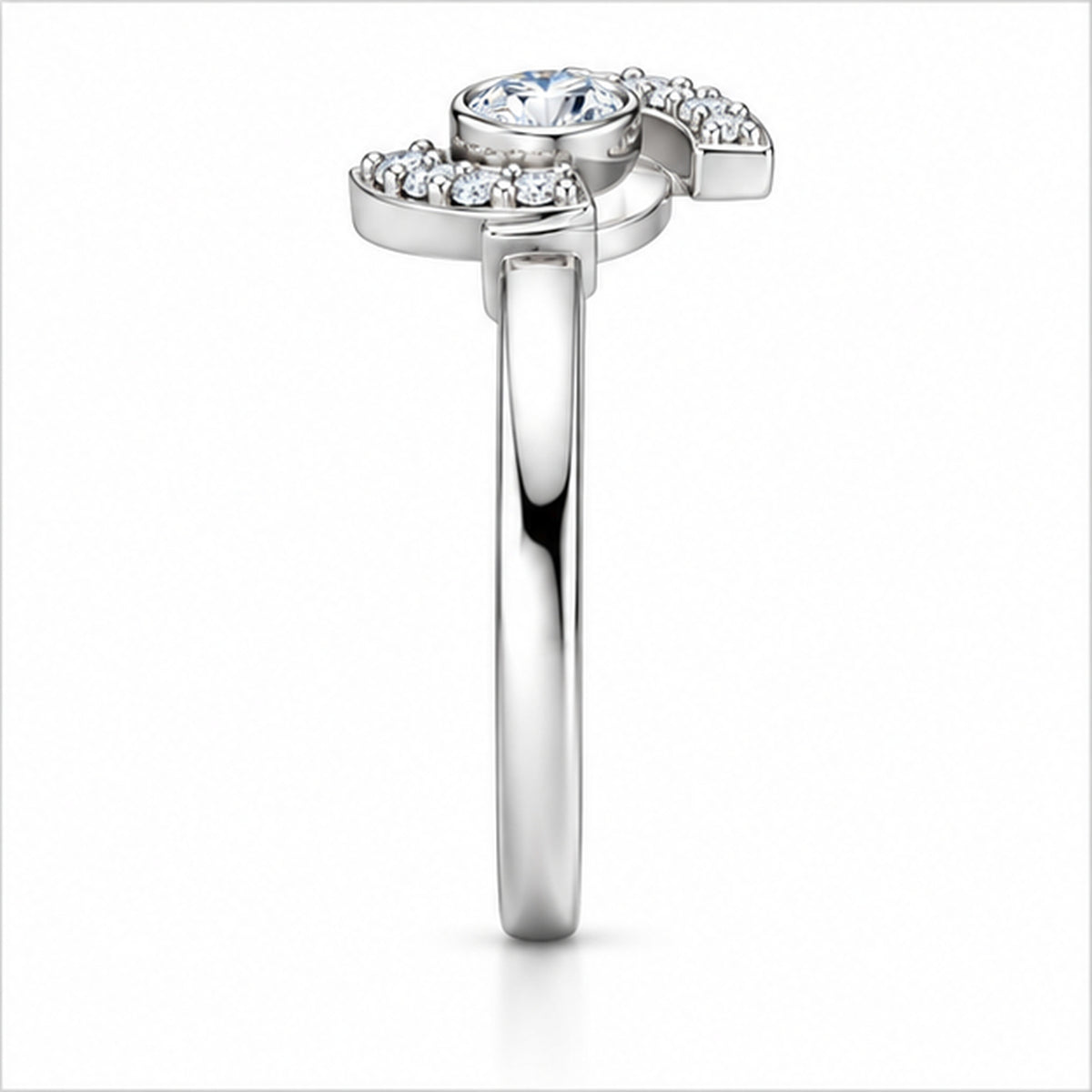 Modern Asymmetrical Half-Moon Diamond Statement Ring in Polished Sterling Silver