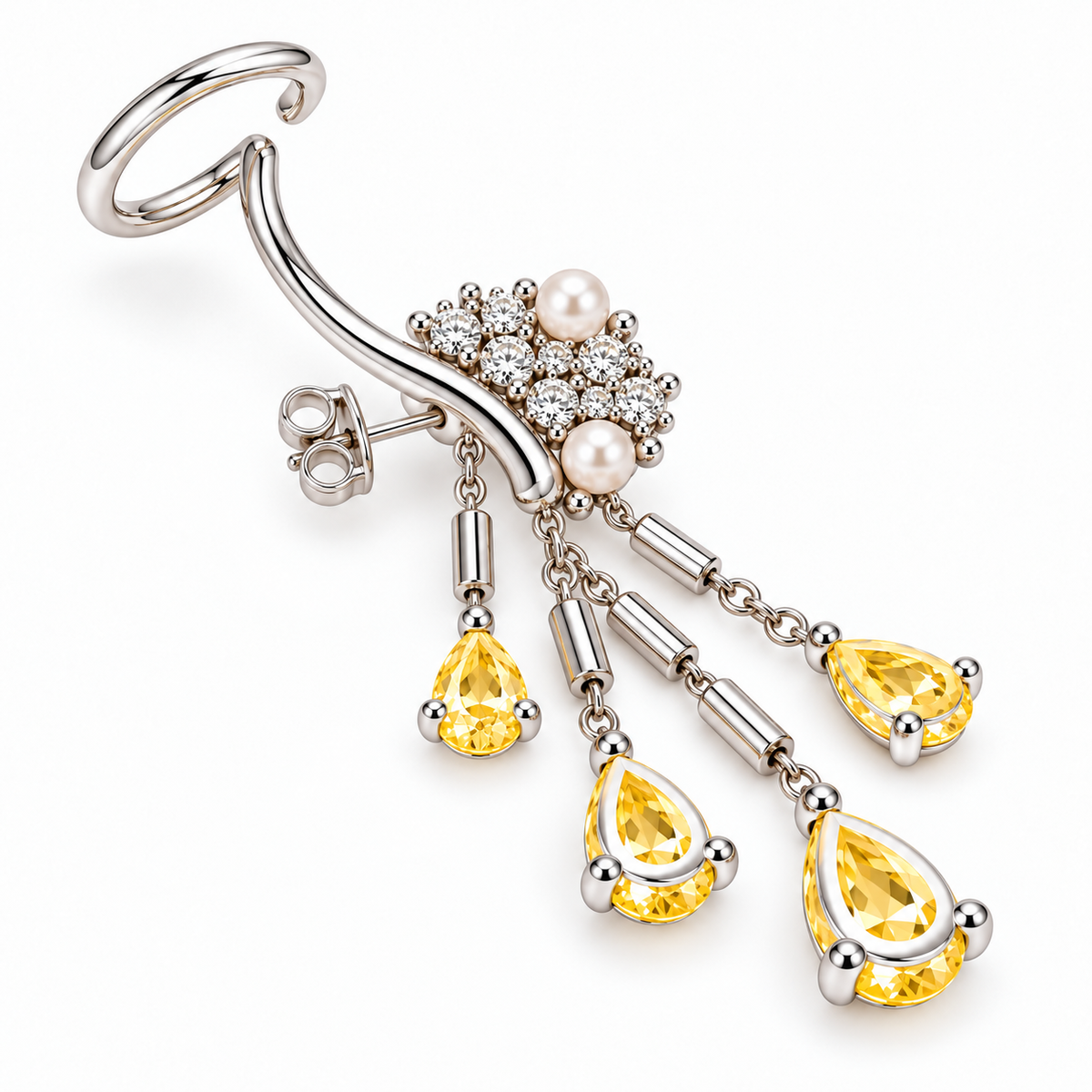 Yellow Diamond, White Diamond & Pearl Silver Ear Climber Earrings