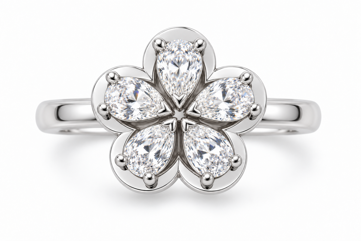 Five Pear-Cut Synthetic Diamond Flower Ring in Sterling Silver