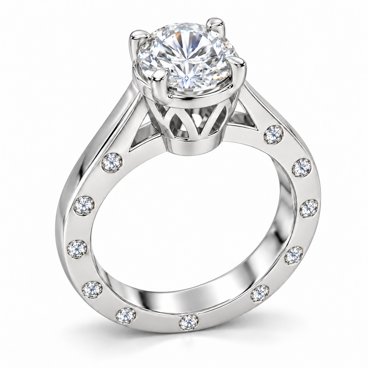 Round-Cut Synthetic Diamond Solitaire Ring with Diamond-Set Band in Sterling Silver