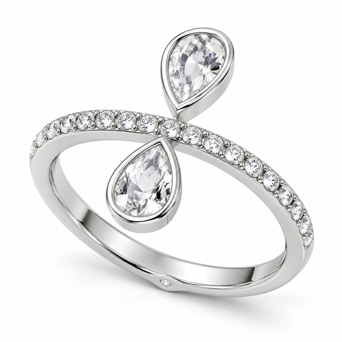 Two Pear-Cut Synthetic Diamond Open Bypass Ring in Sterling Silver