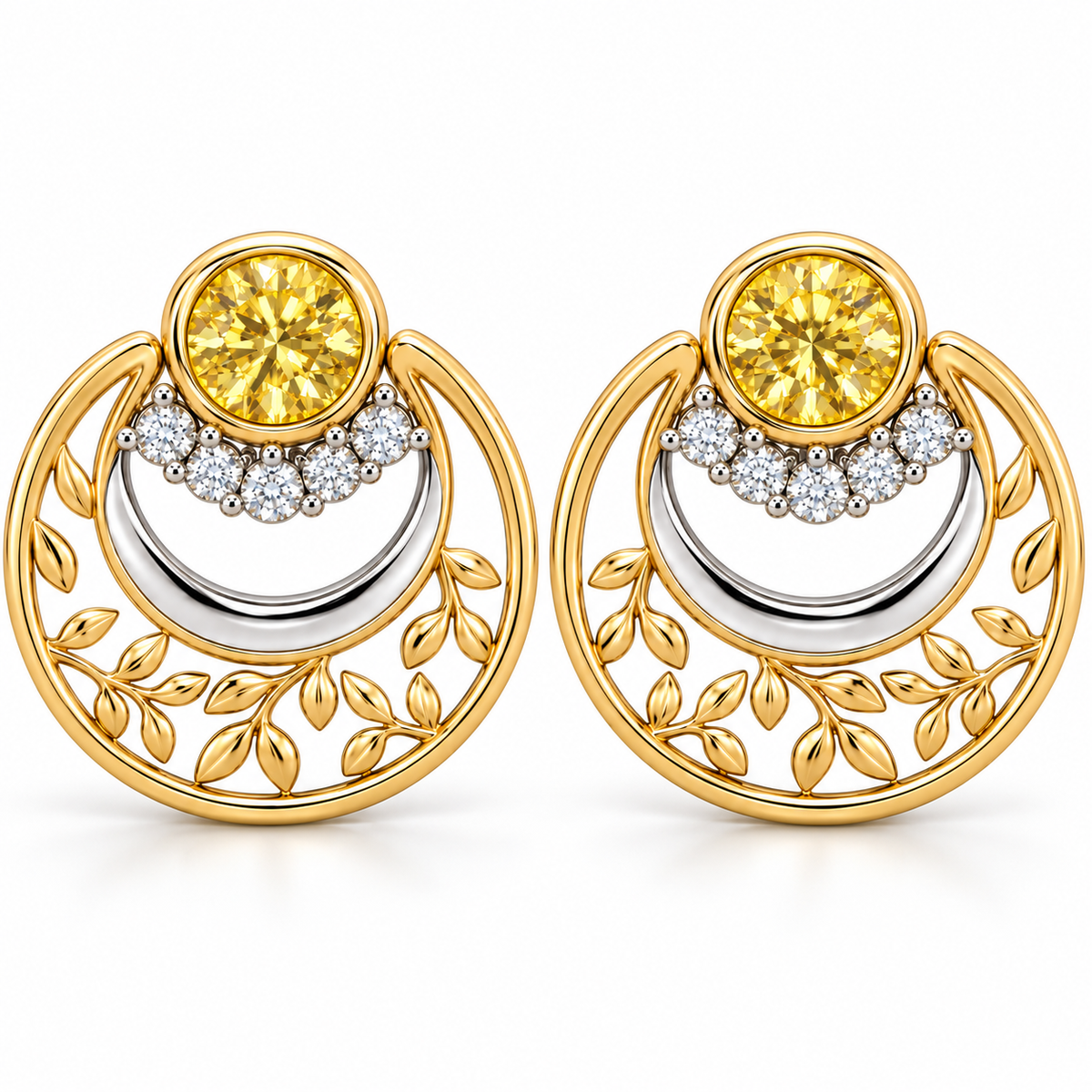 Yellow and White Diamond Botanical Circle Earrings
