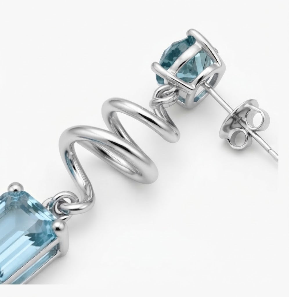 Sterling Silver Teal Lab-Grown Diamond & Aquamarine Ribbon Drop Earrings