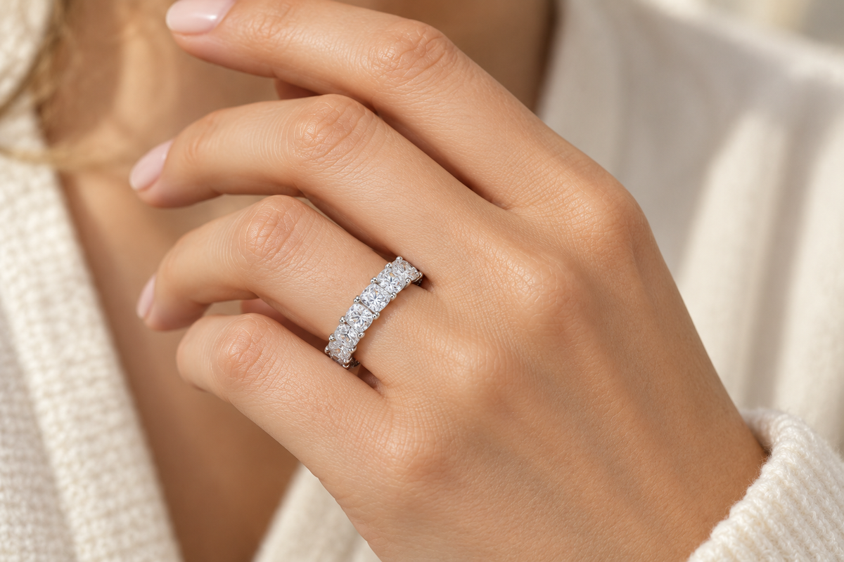Cushion-Cut Synthetic Diamond Full-Eternity Ring in Sterling Silver