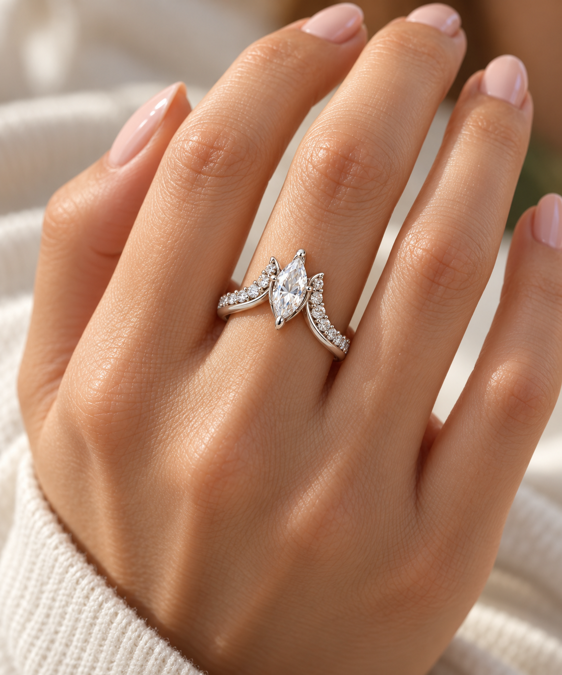 Marquise-Cut Synthetic Diamond Cathedral Ring in Sterling Silver