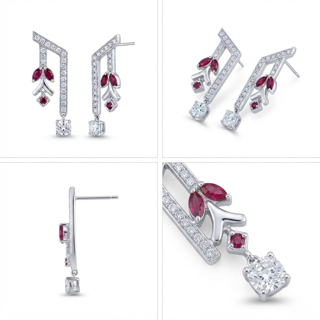 Aria Marquise Ruby and Cushion Diamond Drop Earrings in Sterling Silver
