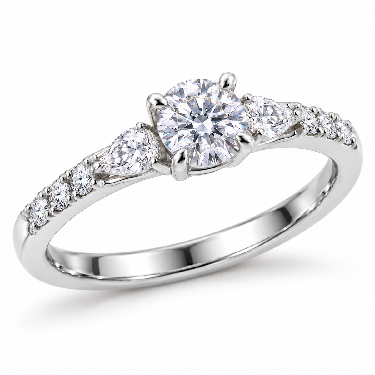 Round & Pear-Cut Synthetic Diamond Three-Stone Ring in Sterling Silver