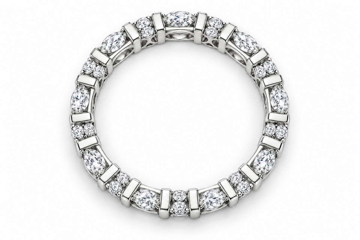 Marquise and Round Synthetic Diamond Full-Eternity Ring in Sterling Silver