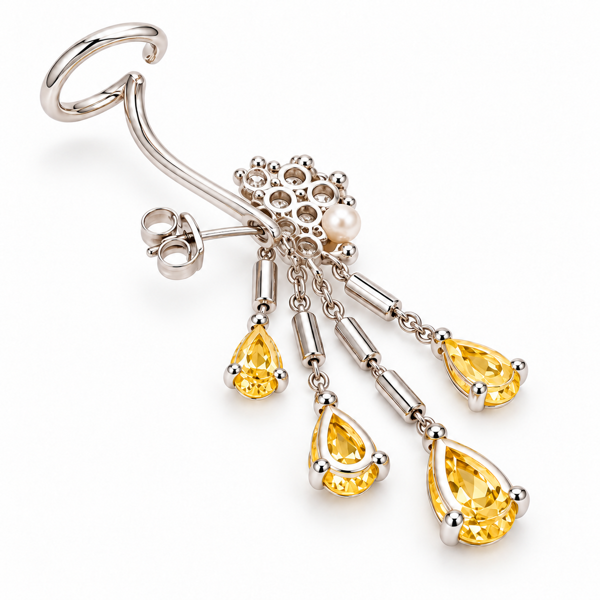 Yellow Diamond, White Diamond & Pearl Silver Ear Climber Earrings