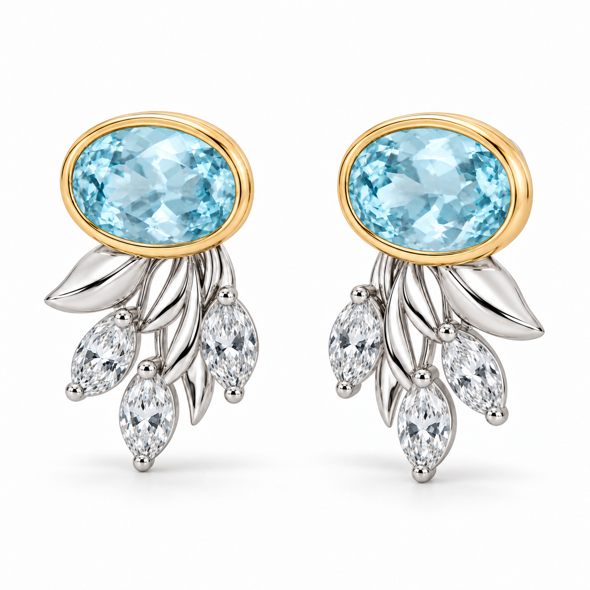 Oval Aquamarine and Marquise Synthetic Diamond Botanical Drop Earrings