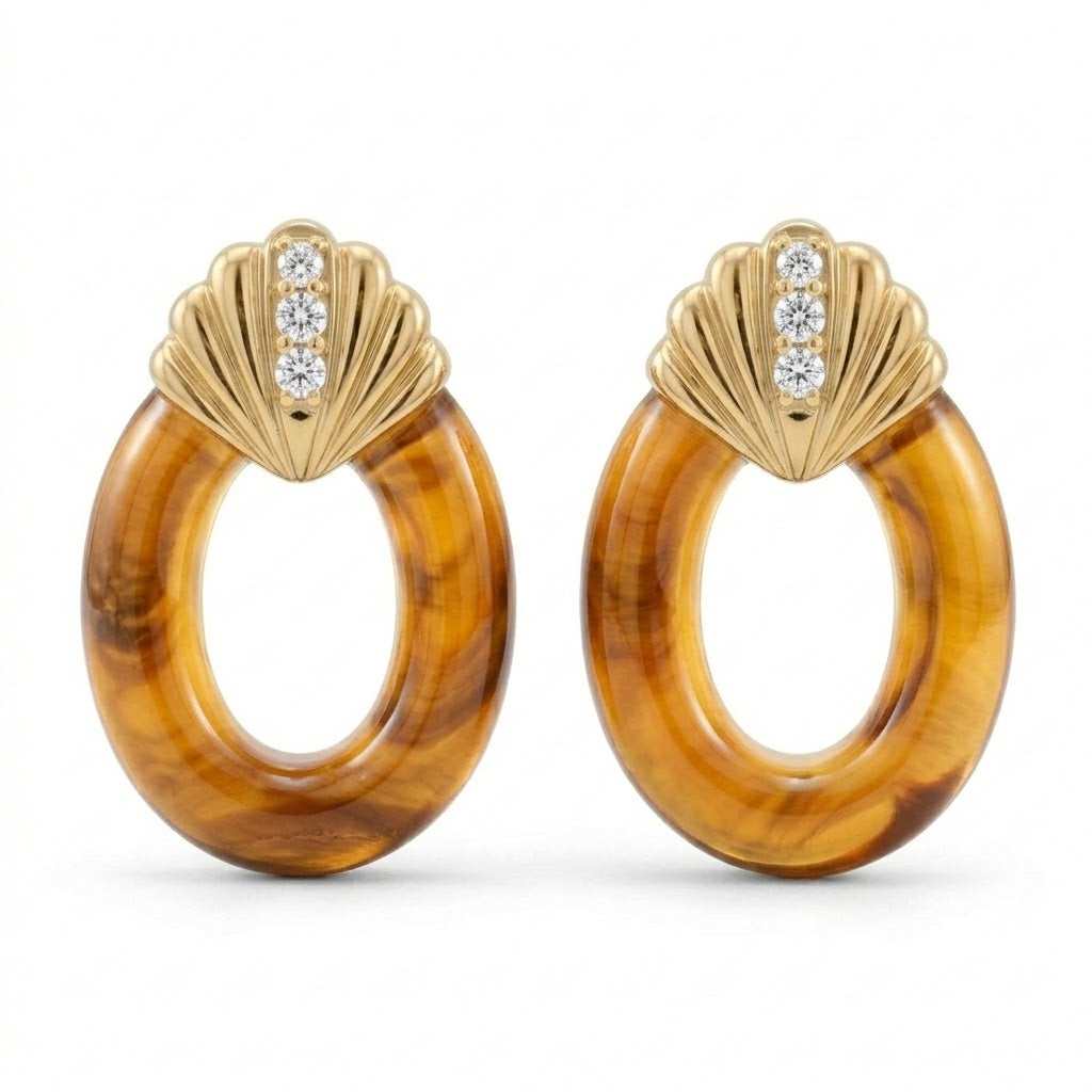 18K Yellow Gold Plating &amp; Tiger’s Eye Fan Stud Earrings with Graduated lab Grown Diamond Accents