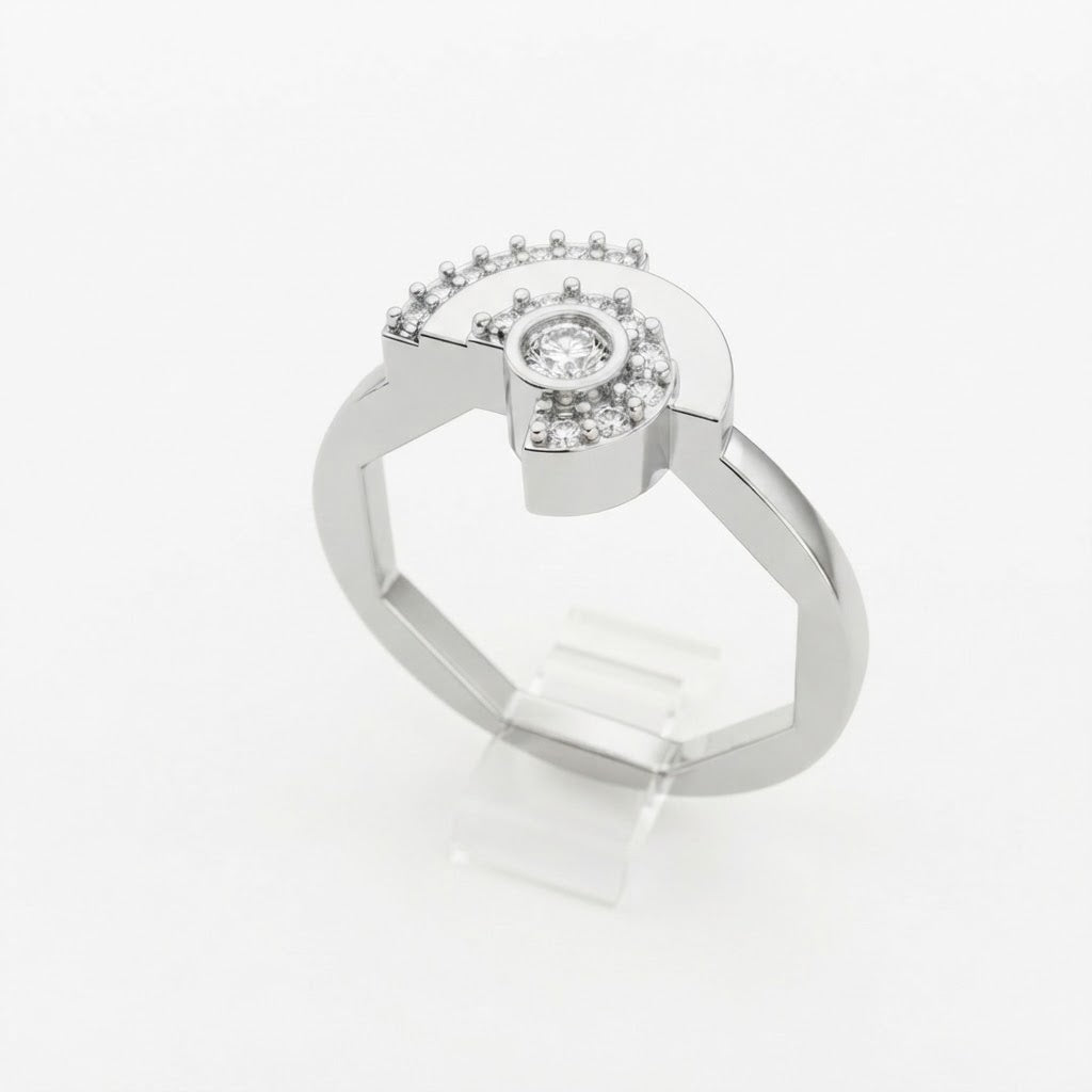 Modern Asymmetrical Half-Moon Diamond Statement Ring in Polished Sterling Silver