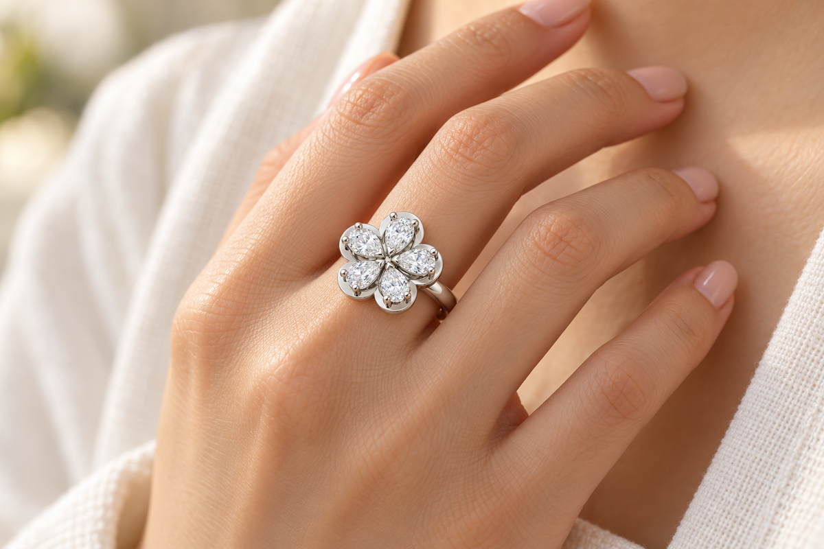 Five Pear-Cut Synthetic Diamond Flower Ring in Sterling Silver