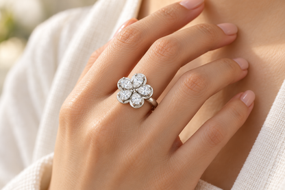 Five Pear-Cut Synthetic Diamond Flower Ring in Sterling Silver