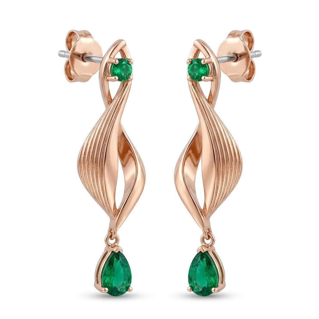 18K Rose Gold &amp; Emerald Spiral Dangle Earrings