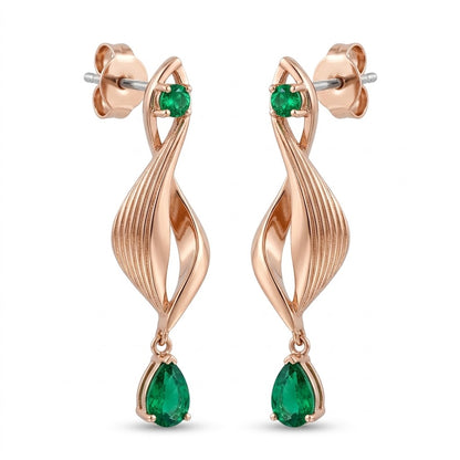 18K Rose Gold &amp; Emerald Spiral Dangle Earrings