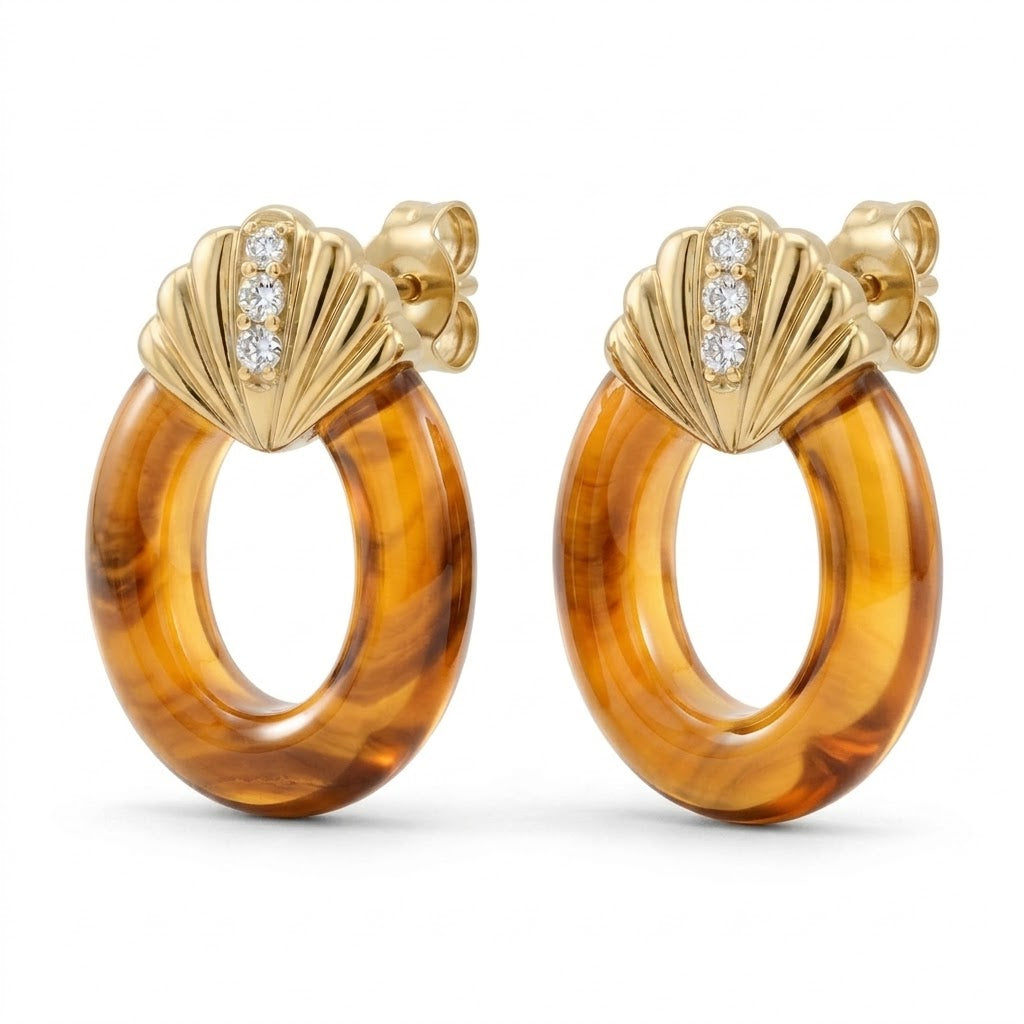 18K Yellow Gold Plating &amp; Tiger’s Eye Fan Stud Earrings with Graduated lab Grown Diamond Accents