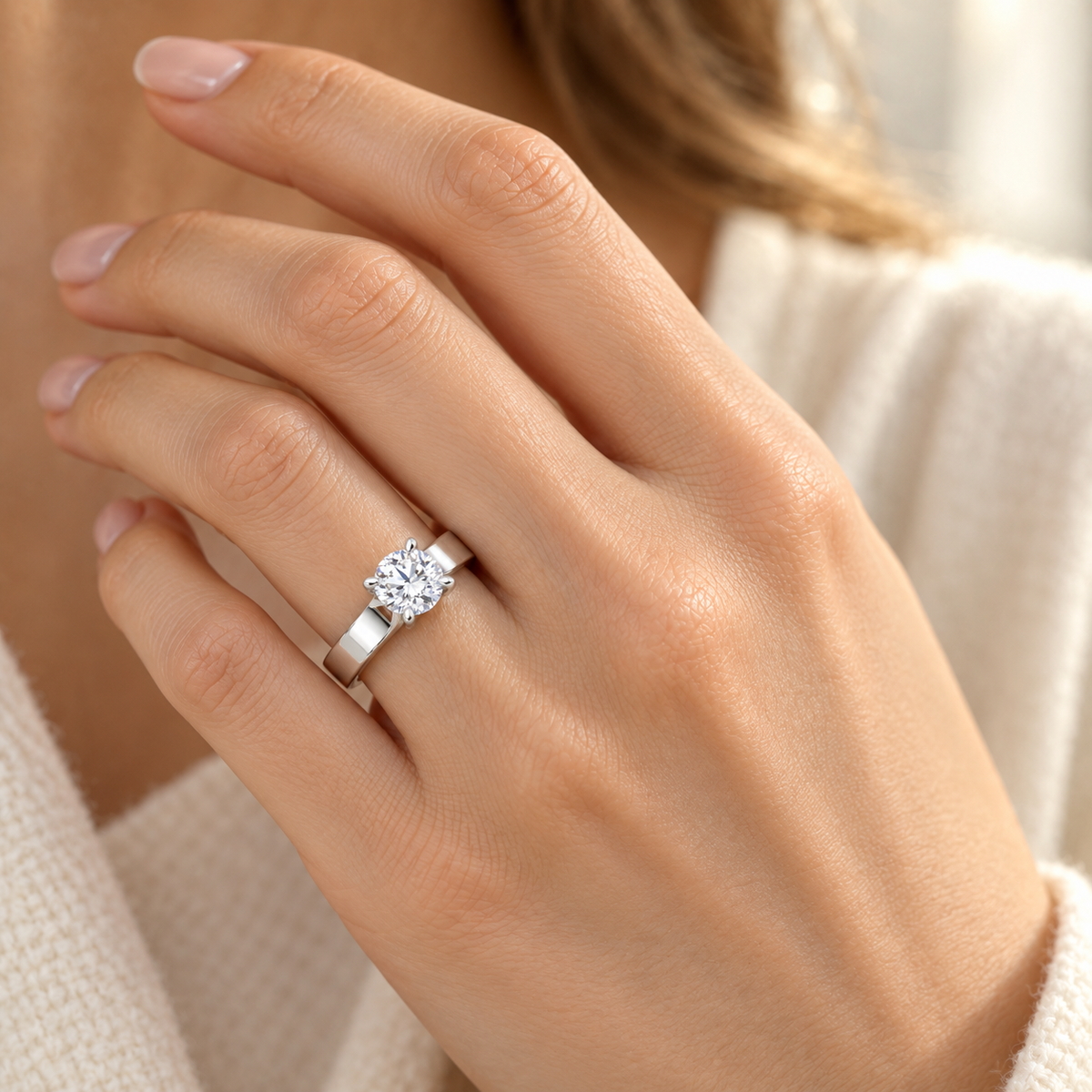 Classic Round-Cut Synthetic Diamond Solitaire Ring in Sterling Silver