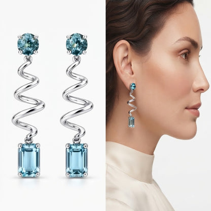 Sterling Silver Teal Lab-Grown Diamond &amp; Aquamarine Ribbon Drop Earrings
