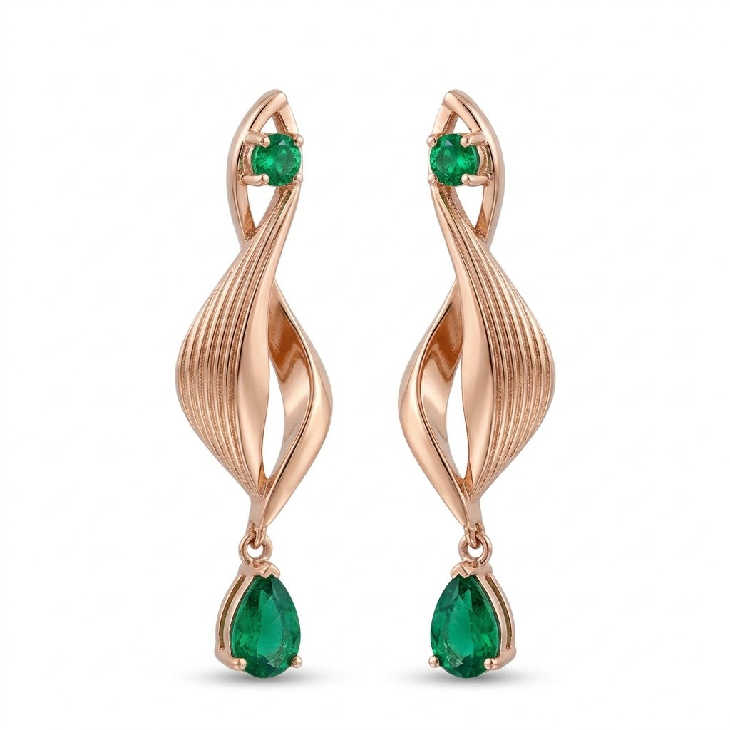 18K Rose Gold &amp; Emerald Spiral Dangle Earrings