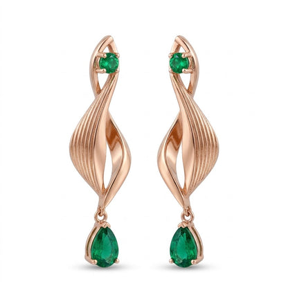 18K Rose Gold &amp; Emerald Spiral Dangle Earrings