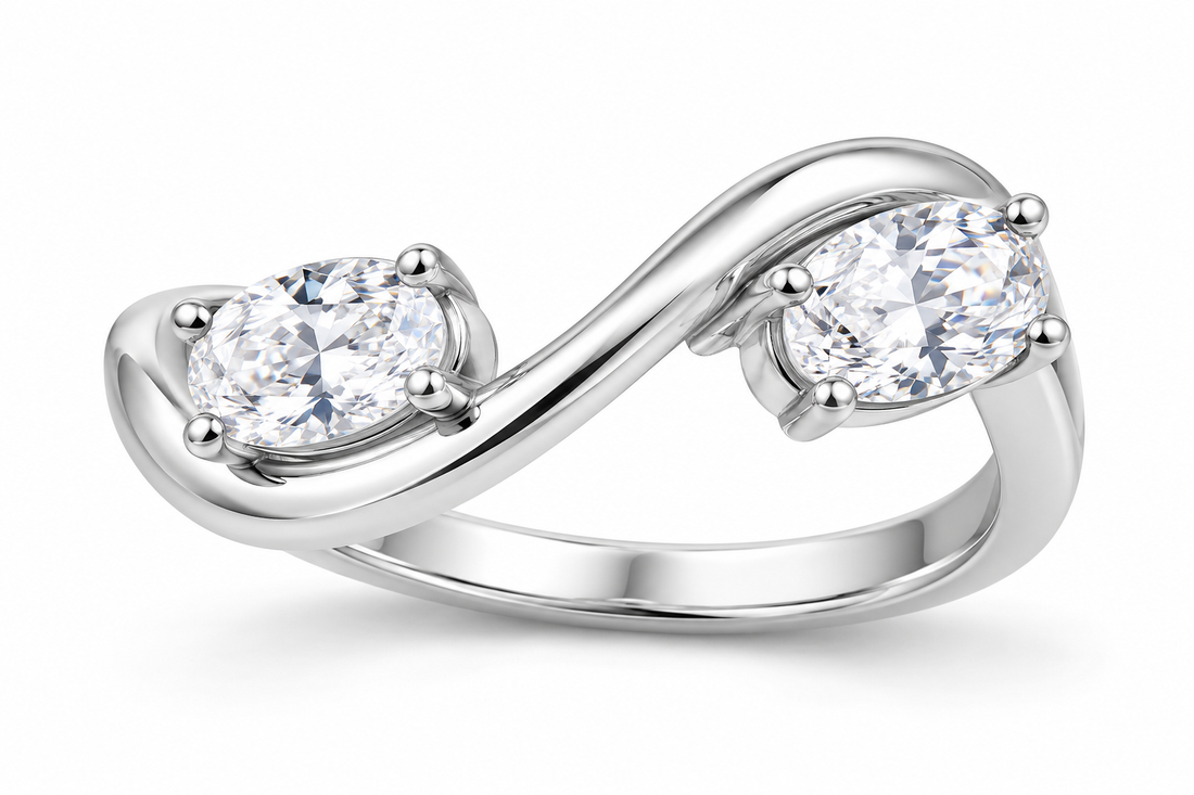 Two Oval-Cut Synthetic Diamond Crossover Ring in Sterling Silver