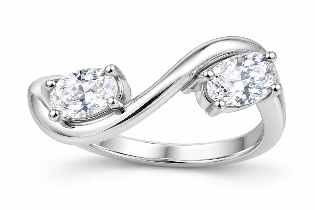 Two Oval-Cut Synthetic Diamond Crossover Ring in Sterling Silver