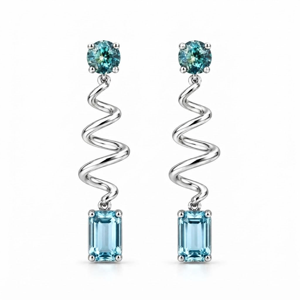 Sterling Silver Teal Lab-Grown Diamond &amp; Aquamarine Ribbon Drop Earrings