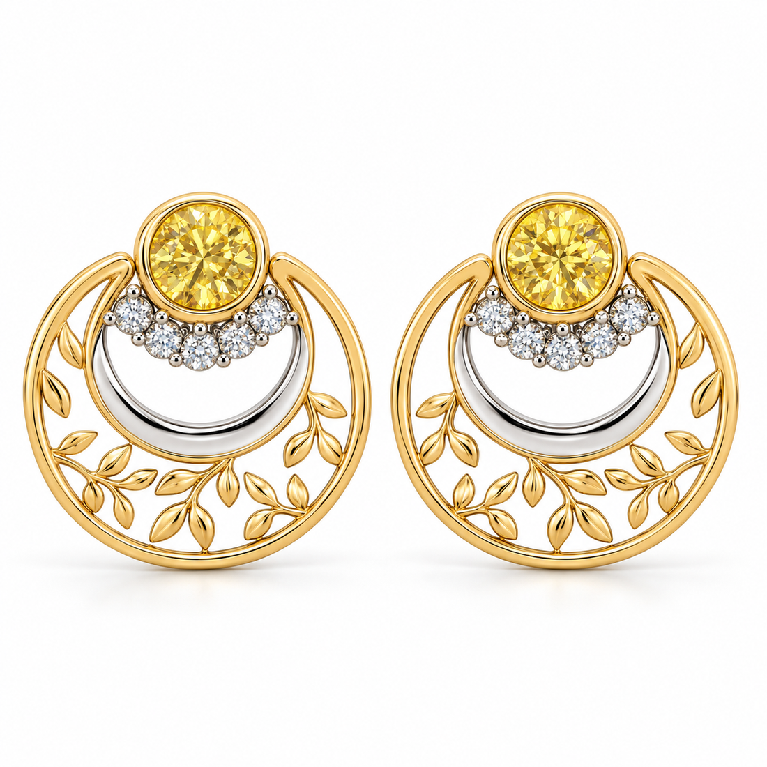 Yellow and White Diamond Botanical Circle Earrings