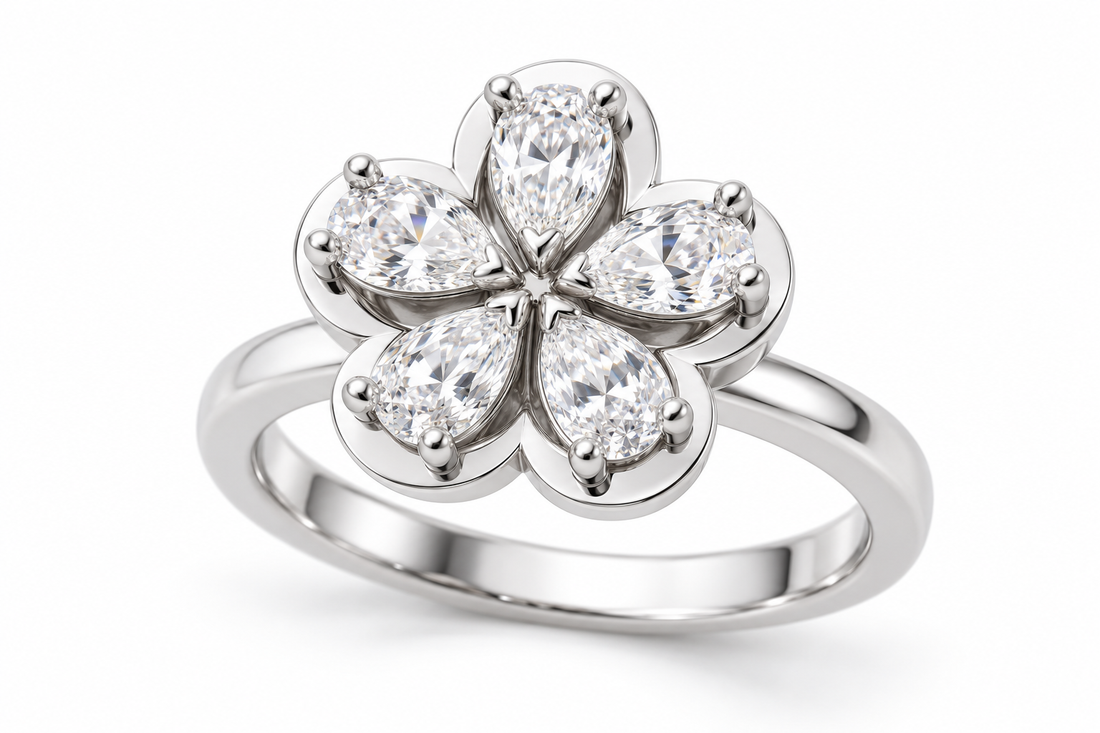 Five Pear-Cut Synthetic Diamond Flower Ring in Sterling Silver