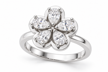 Five Pear-Cut Synthetic Diamond Flower Ring in Sterling Silver