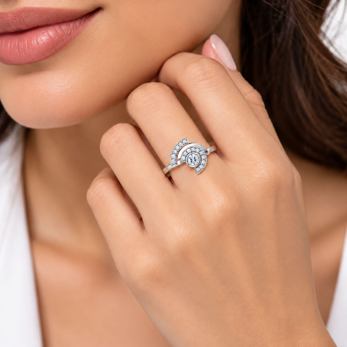 Modern Asymmetrical Half-Moon Diamond Statement Ring in Polished Sterling Silver