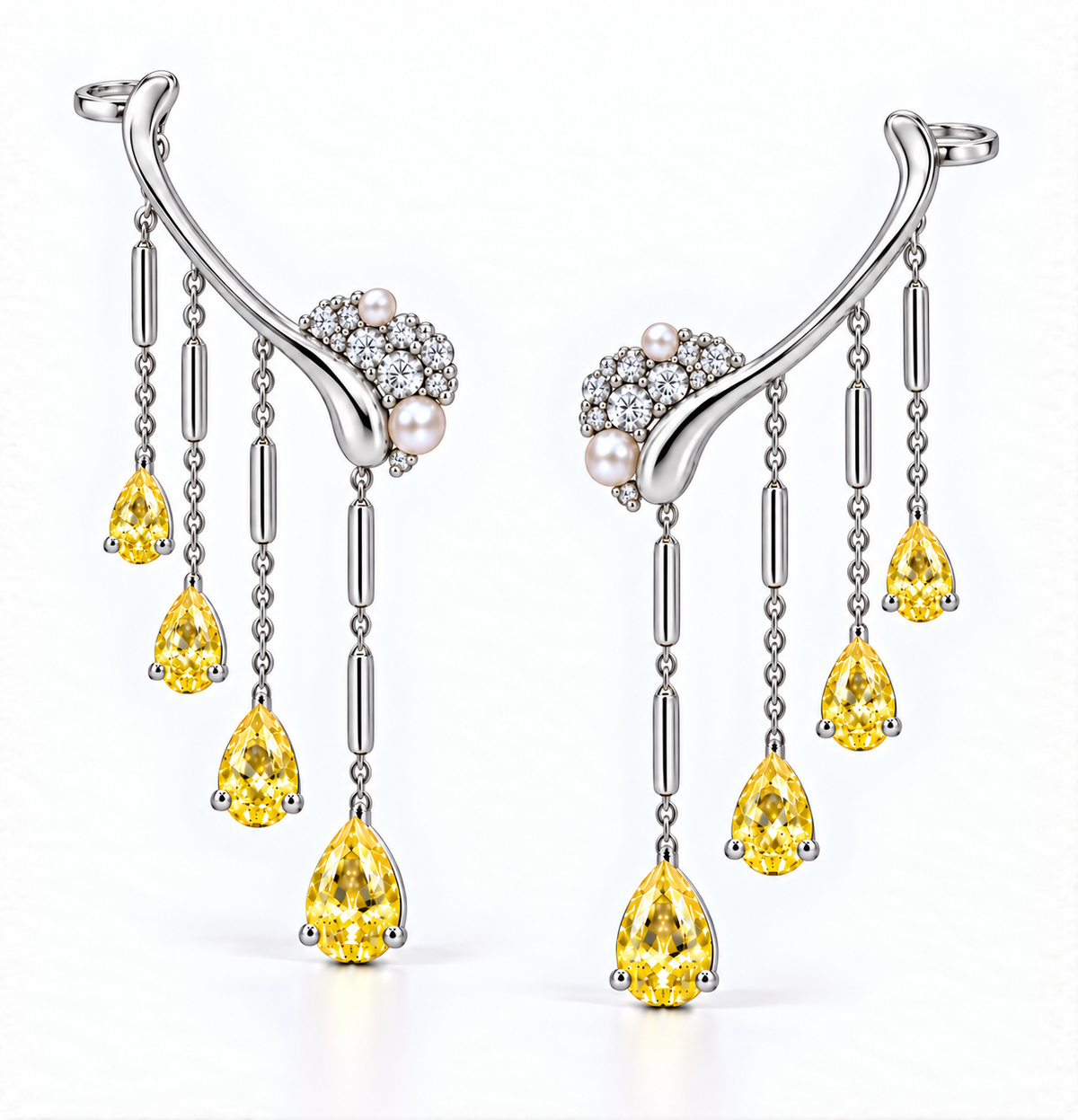 Yellow Diamond, White Diamond &amp; Pearl Silver Ear Climber Earrings