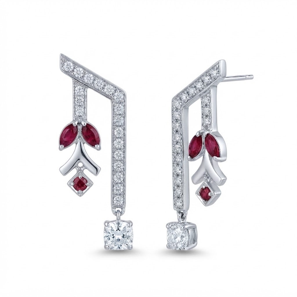 Aria Marquise Ruby and Cushion Diamond Drop Earrings in Sterling Silver