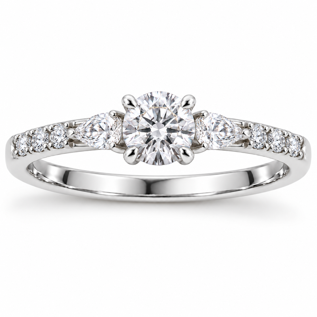 Round &amp; Pear-Cut Synthetic Diamond Three-Stone Ring in Sterling Silver