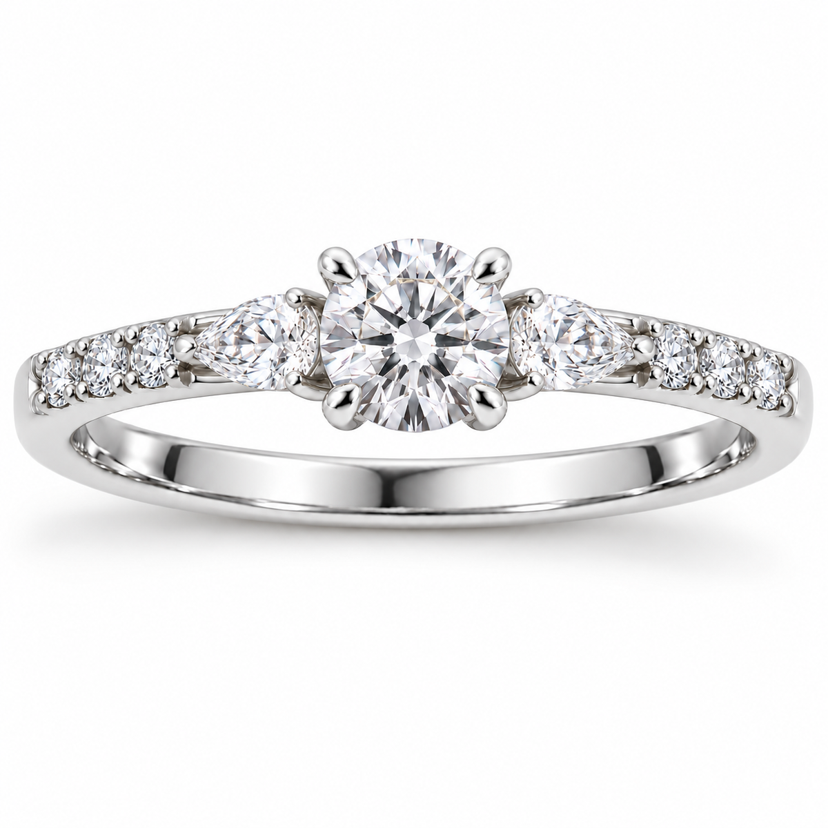 Round &amp; Pear-Cut Synthetic Diamond Three-Stone Ring in Sterling Silver