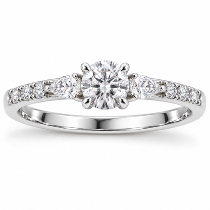 Round &amp; Pear-Cut Synthetic Diamond Three-Stone Ring in Sterling Silver
