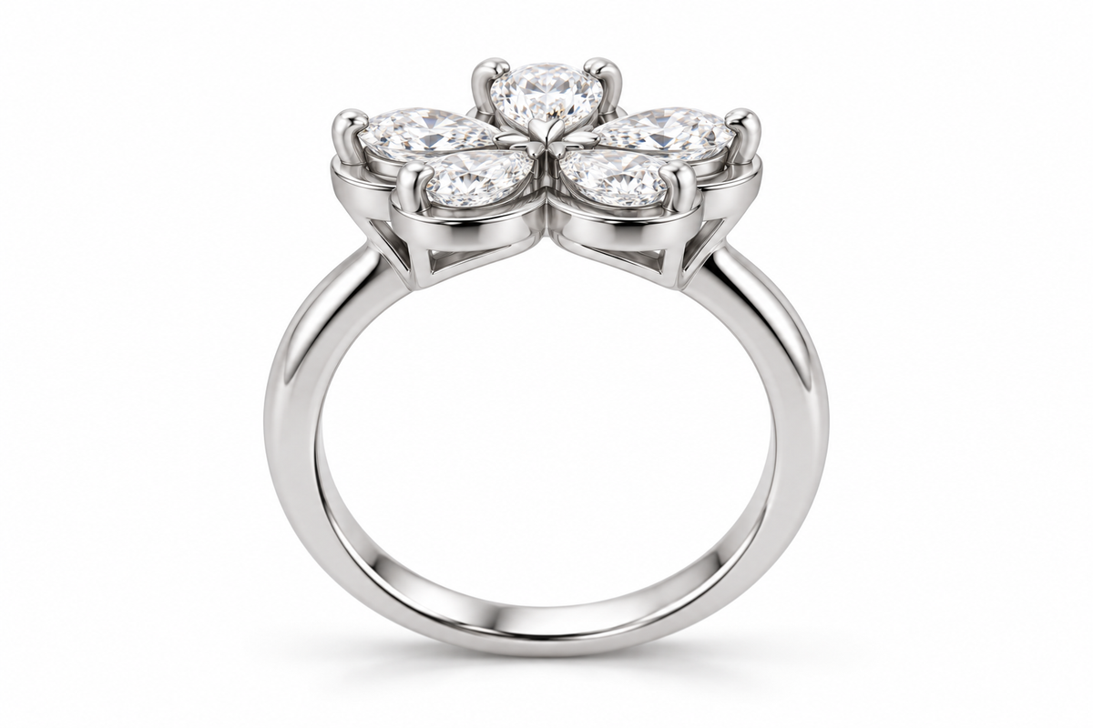 Five Pear-Cut Synthetic Diamond Flower Ring in Sterling Silver