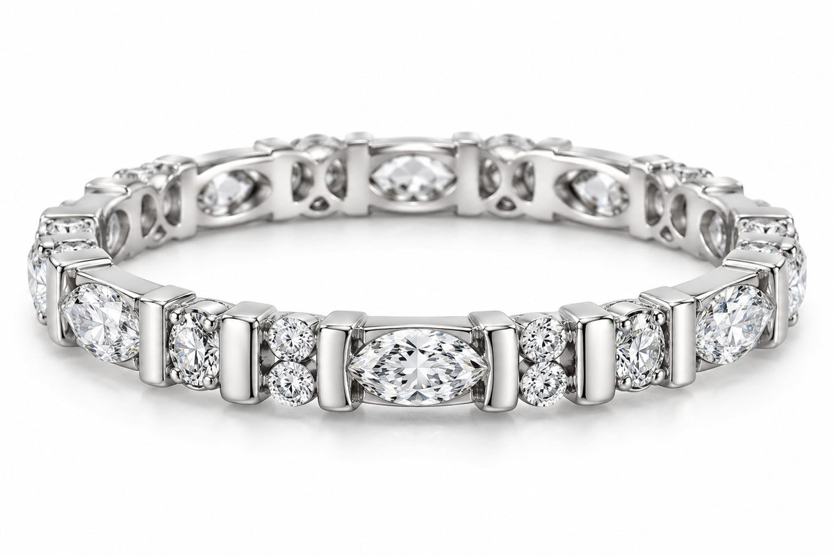 Marquise and Round Synthetic Diamond Full-Eternity Ring in Sterling Silver