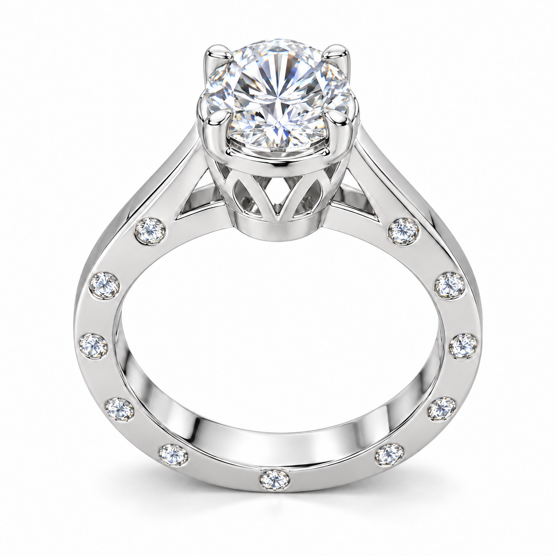 Round-Cut Synthetic Diamond Solitaire Ring with Diamond-Set Band in Sterling Silver